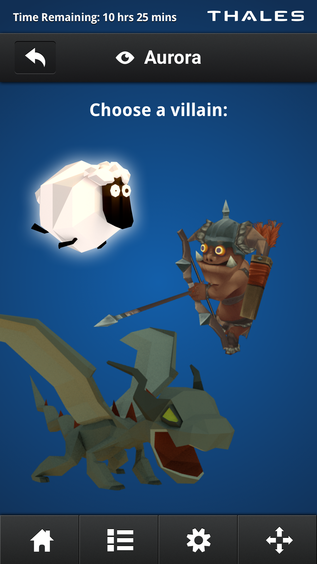 A blue screen with three villains for the user to choose from - a funny lamb, a goblin, and a dragon.